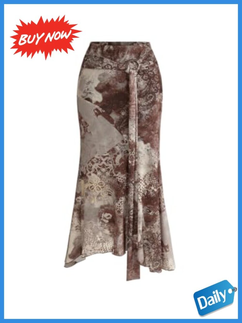 Boho Graphic Mesh Ruffle Fishtail Long Skirt Polyester Blend
